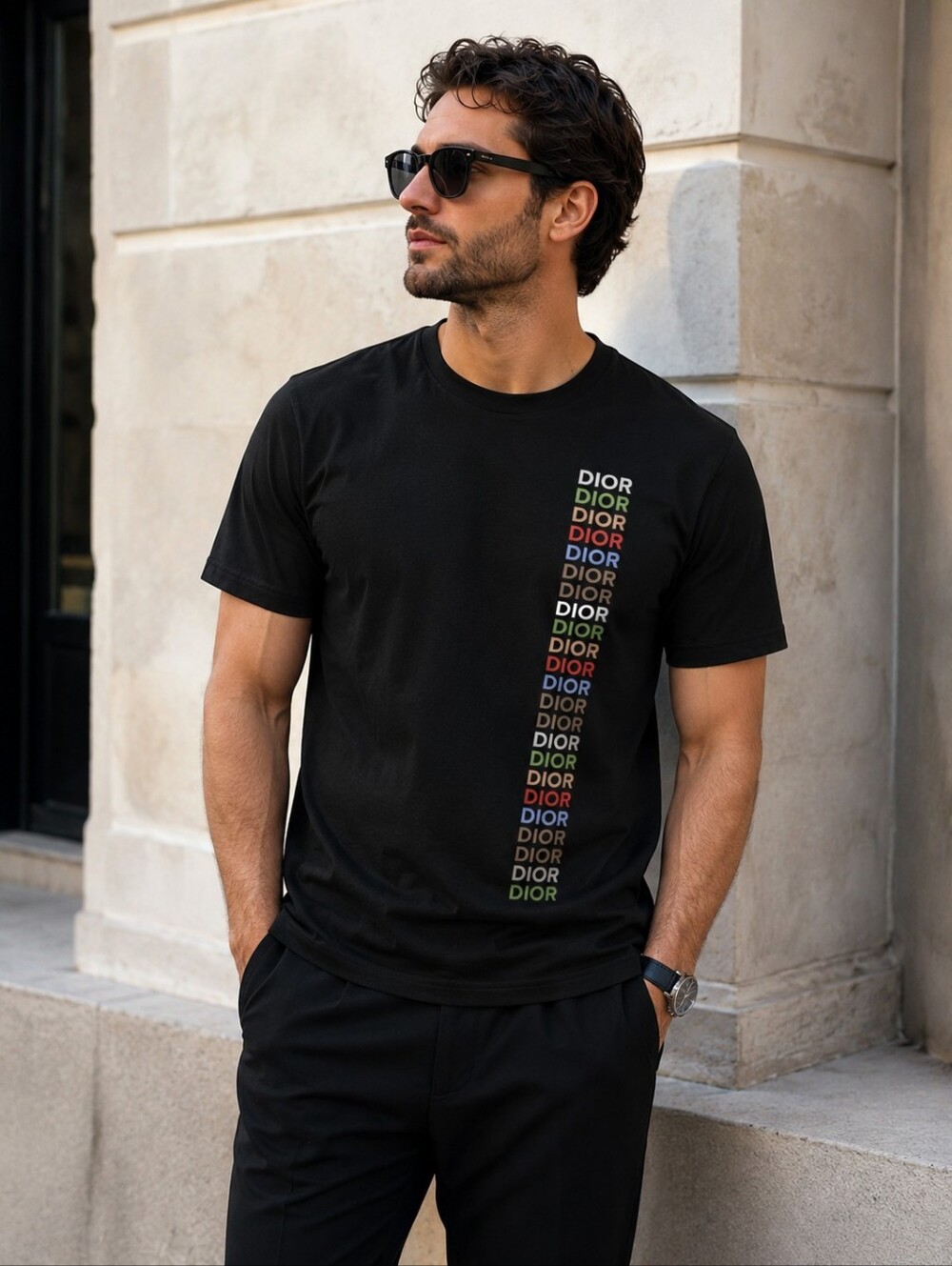 Dior Black Short-Sleeve Tee with Vertical Multicolor Logo
